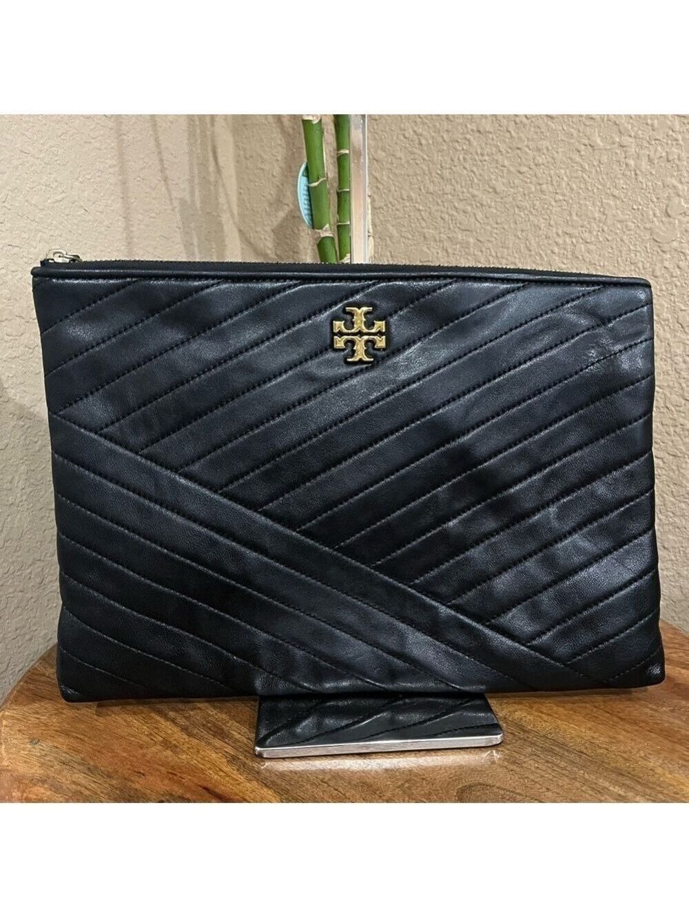 TORY BURCH BLACK KIRA CHEVRON POUCH